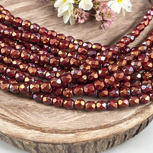 4mm Faceted Round Czech Glass Beads, Opaque Red with Bronze/Hematite Picasso Finishes (FP4/15780) * Qty. 50