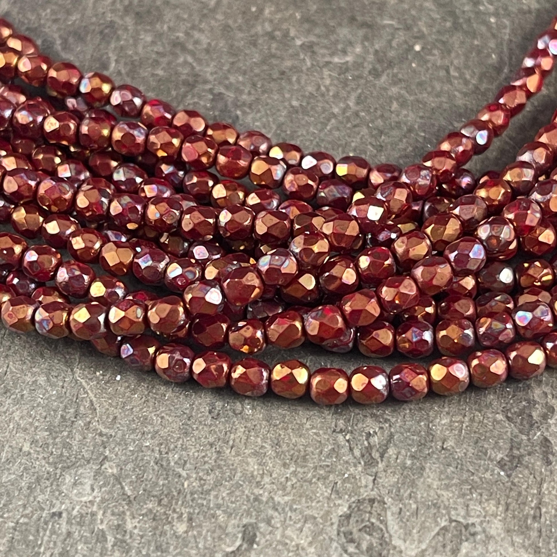 4mm Faceted Round Czech Glass Beads, Opaque Red with Bronze/Hematite Picasso Finishes (FP4/15780) * Qty. 50