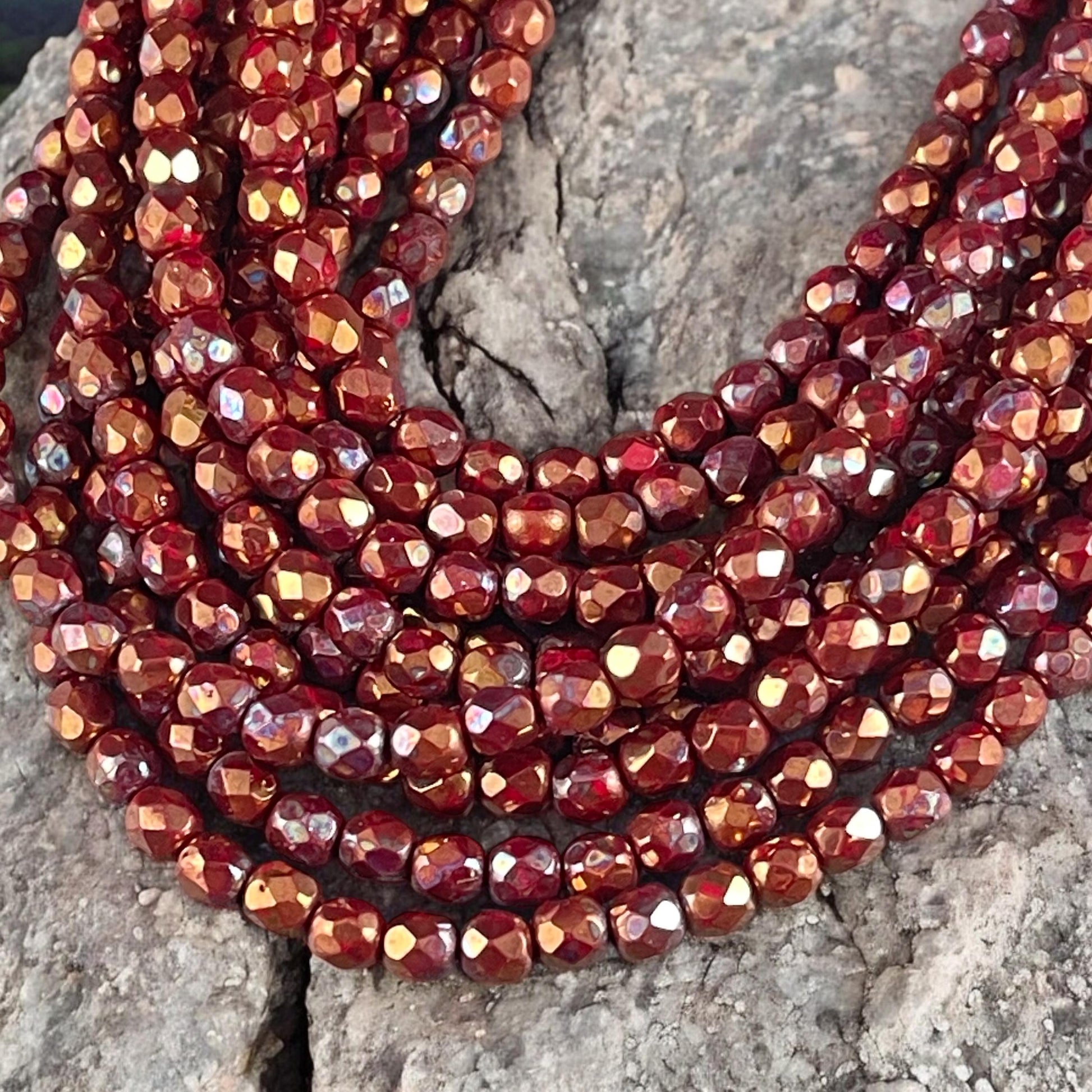 4mm Faceted Round Czech Glass Beads, Opaque Red with Bronze/Hematite Picasso Finishes (FP4/15780) * Qty. 50