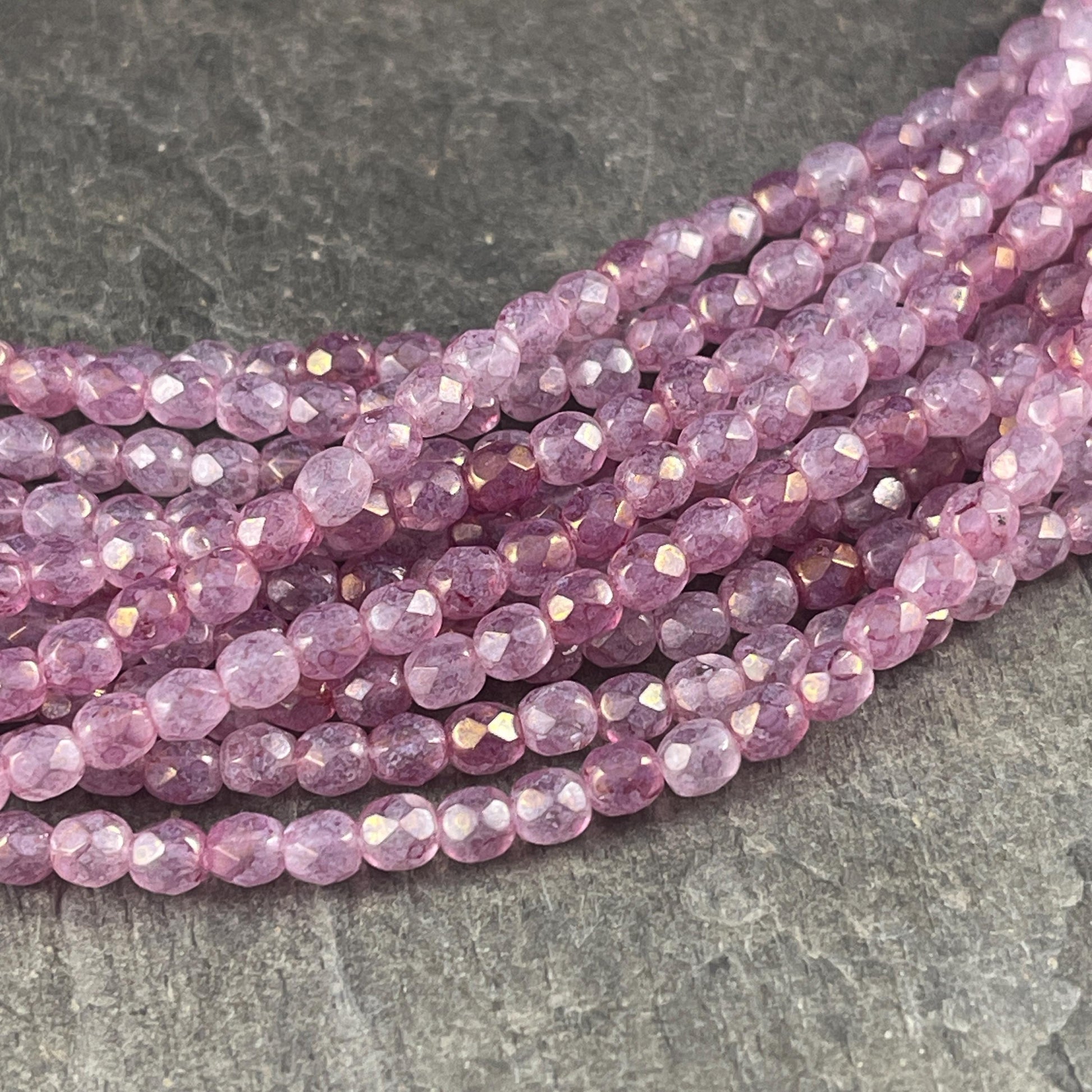 4mm Faceted Round Czech Glass Beads, Marbled Pink Luster (FP4/64495) * Qty. 50