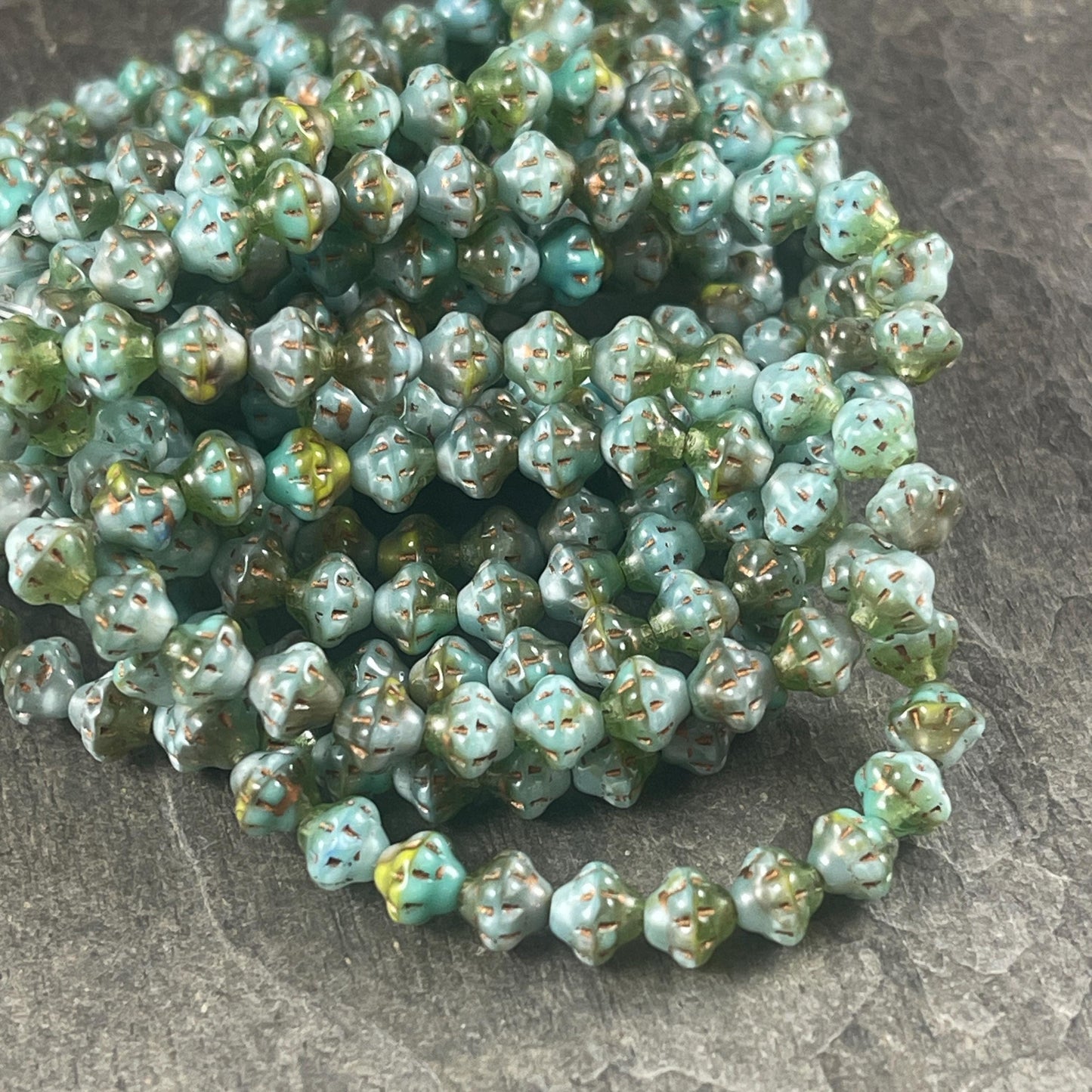 Sea Green and Olive Green Czech Glass Beads, 6mm Saturn Bicone (PS6/RJ-5229) * 25 Beads