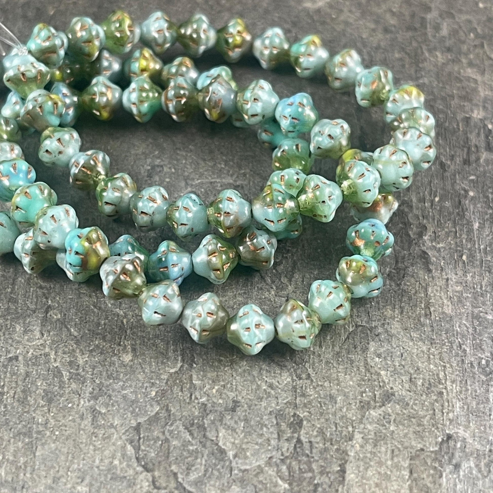 Sea Green and Olive Green Czech Glass Beads, 6mm Saturn Bicone (PS6/RJ-5229) * 25 Beads