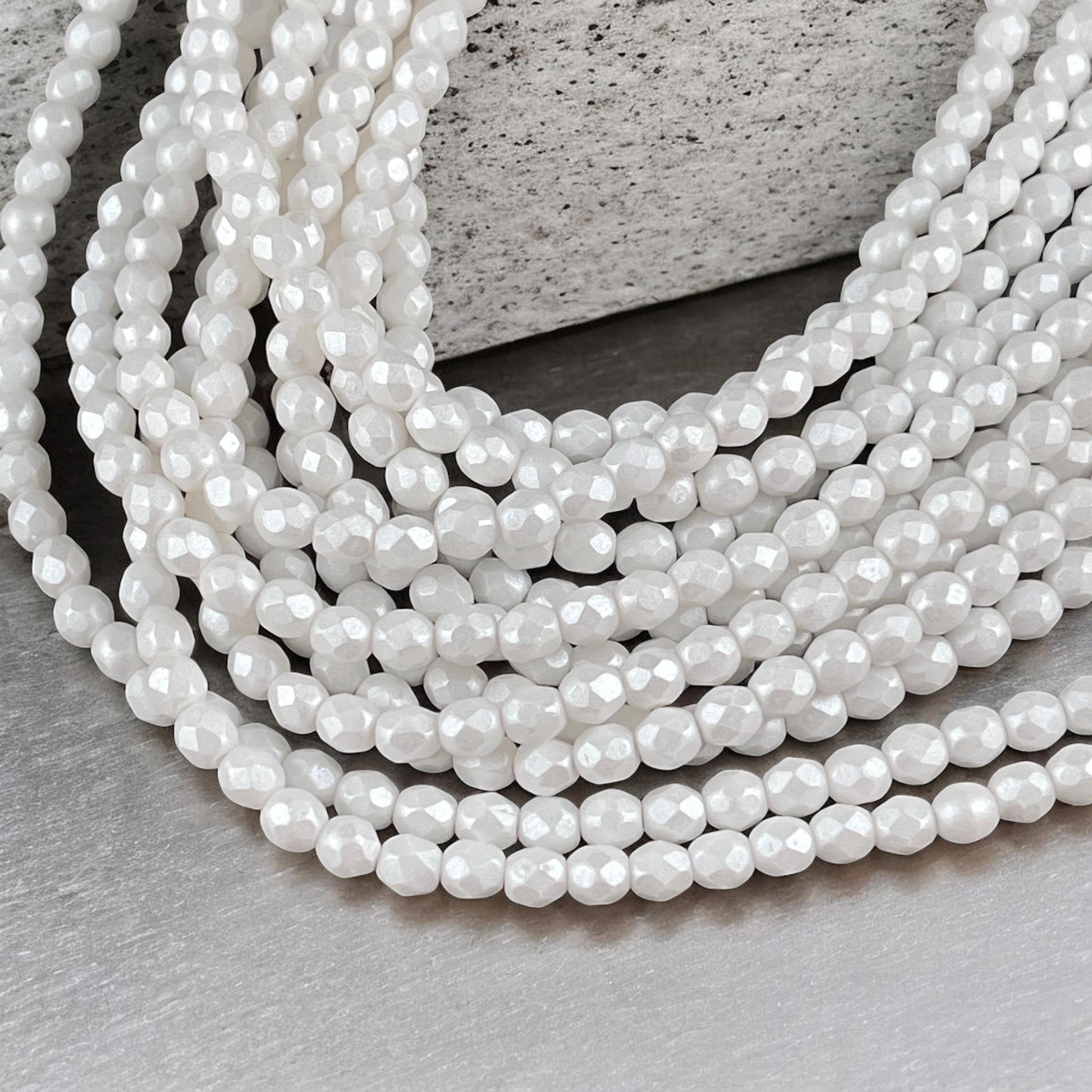 Czech Glass Beads - 4mm White Faceted Beads, Alabaster Shimmer Luster (FP4/SM-S24C02010) * Qty 50