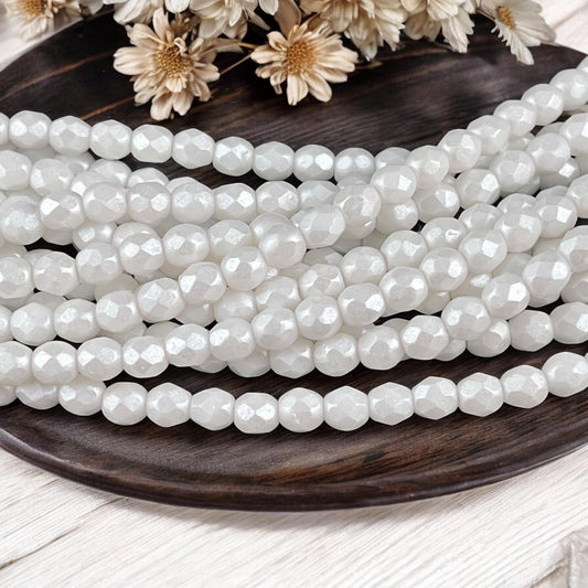 Czech Glass Beads - 4mm White Faceted Beads, Alabaster Shimmer Luster (FP4/SM-S24C02010) * Qty 50