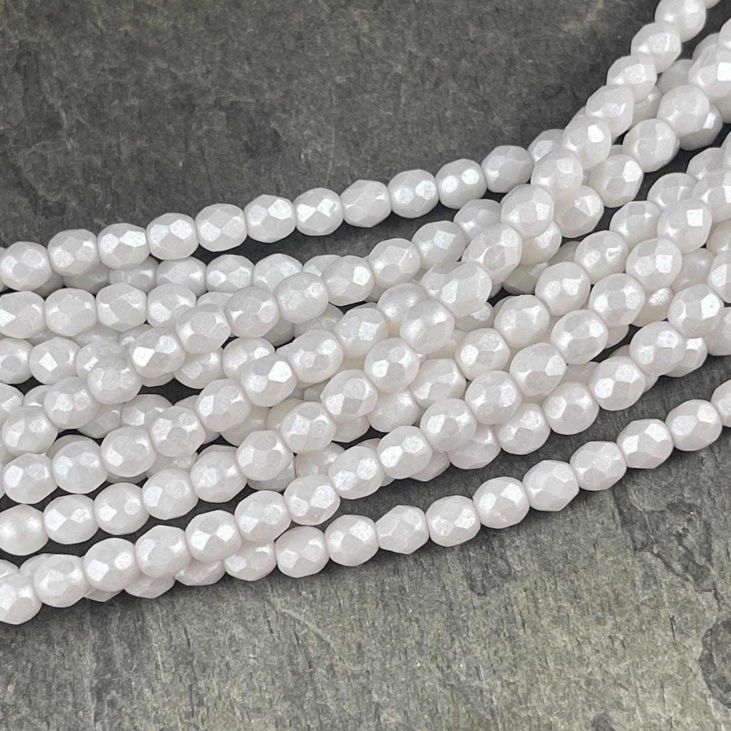 Czech Glass Beads - 4mm White Faceted Beads, Alabaster Shimmer Luster (FP4/SM-S24C02010) * Qty 50