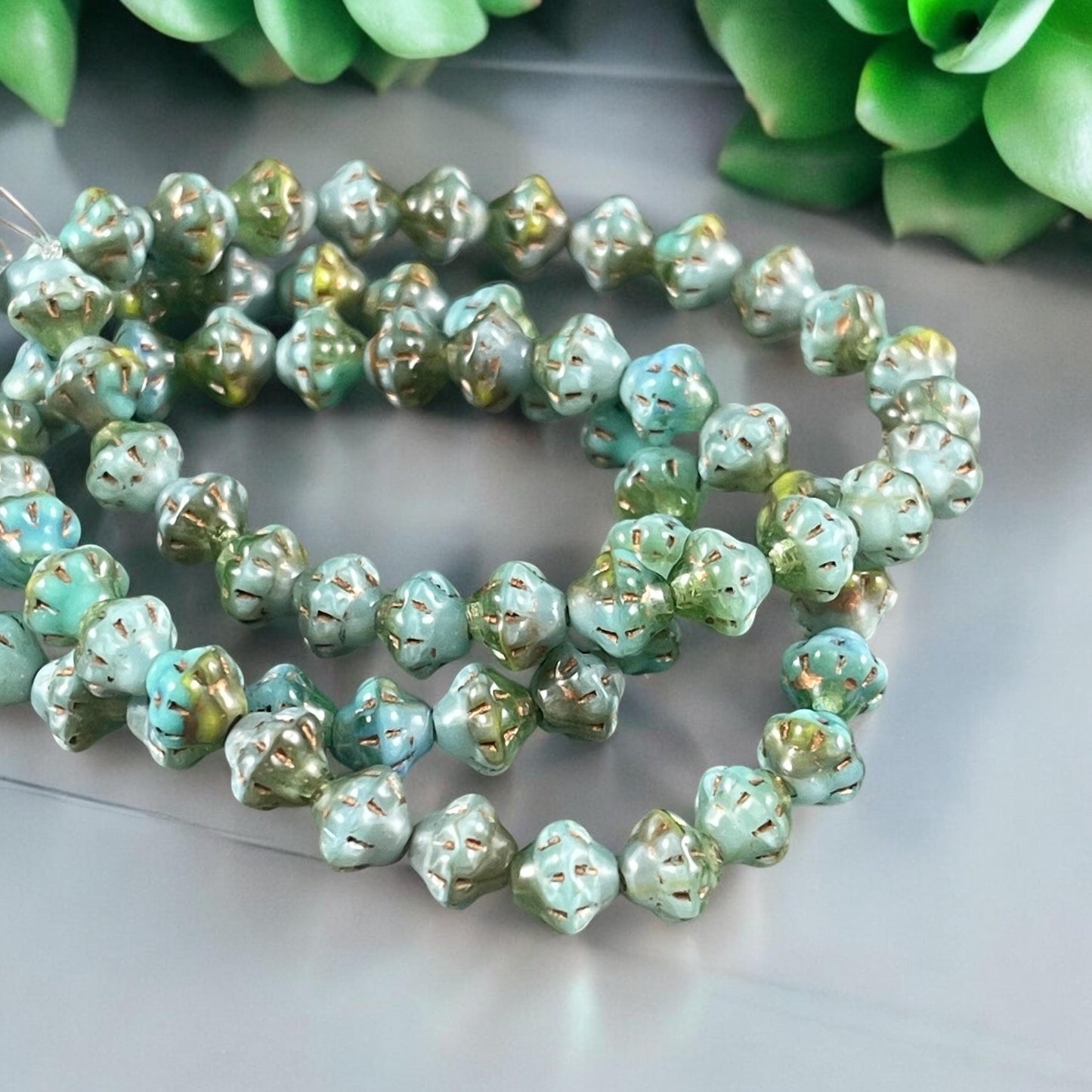 Sea Green and Olive Green Czech Glass Beads, 6mm Saturn Bicone (PS6/RJ-5229) * 25 Beads