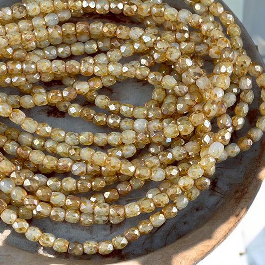 Champagne Picasso Beads, Golden Picasso 4mm Faceted Round Beads, Czech Glass Beads (FP4/N-128) * Qty. 50