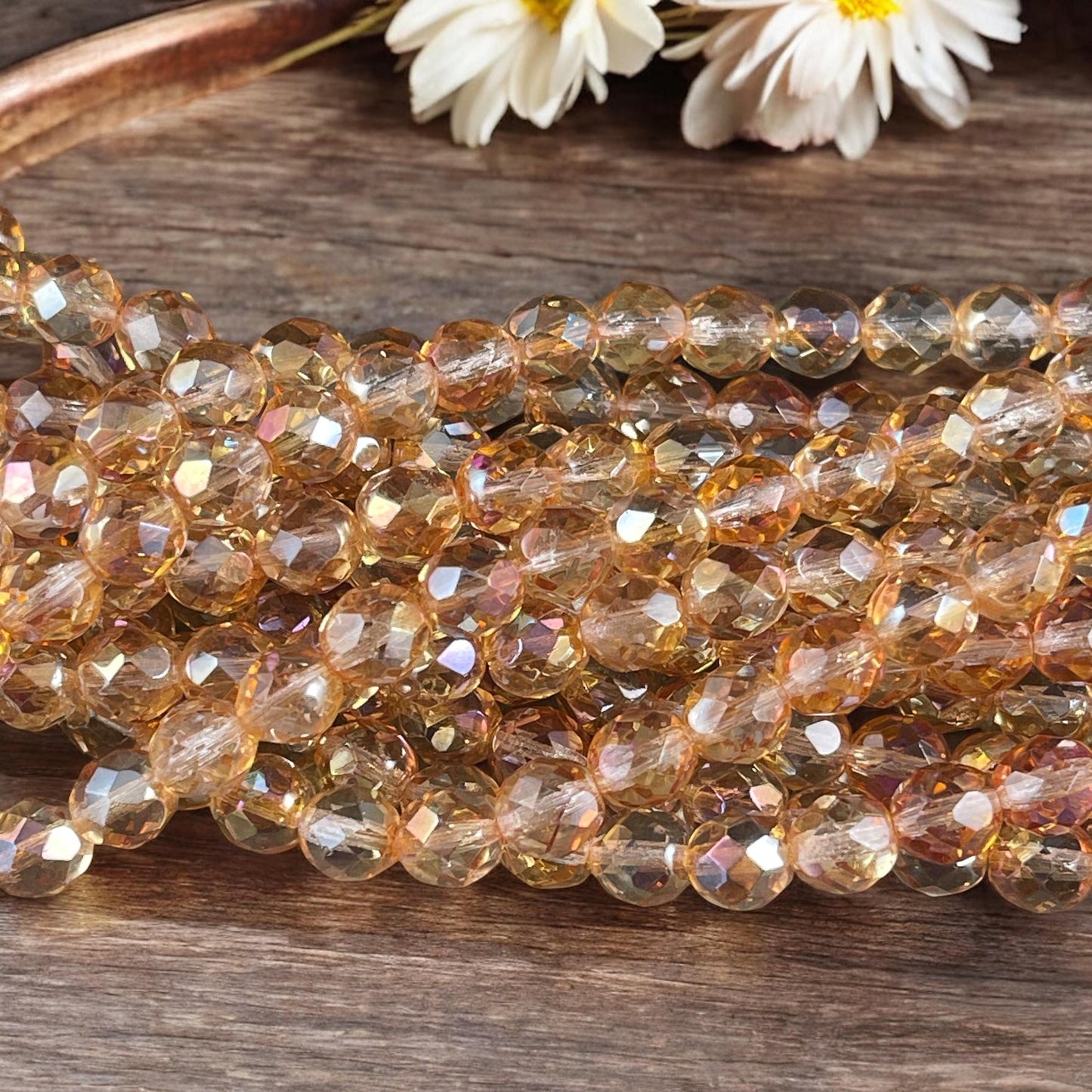 Czech Glass Beads - Transparent Celsian 8mm Faceted Round Beads, Golden Transparent Beads (FP8/SM-Z0003) * Qty. 25