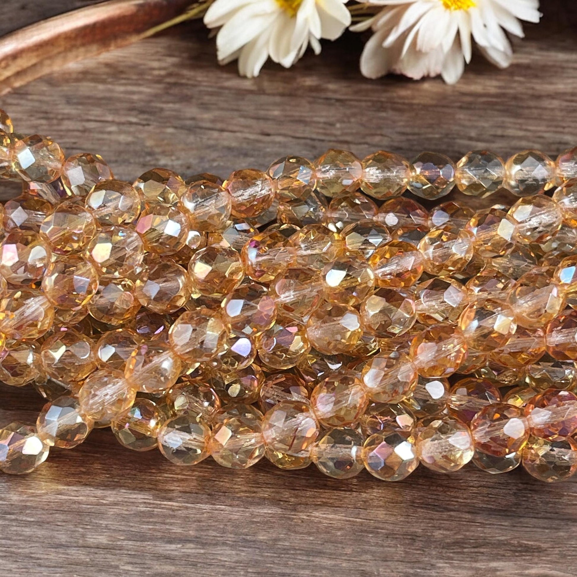 Czech Glass Beads - Transparent Celsian 8mm Faceted Round Beads, Golden Transparent Beads (FP8/SM-Z0003) * Qty. 25