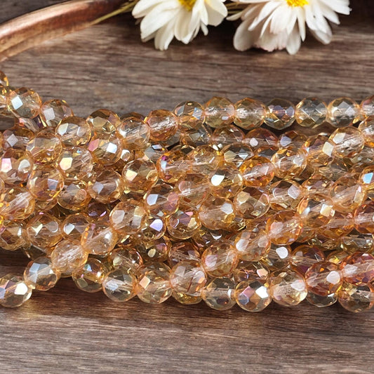 Czech Glass Beads - Transparent Celsian 8mm Faceted Round Beads, Golden Transparent Beads (FP8/SM-Z0003) * Qty. 25