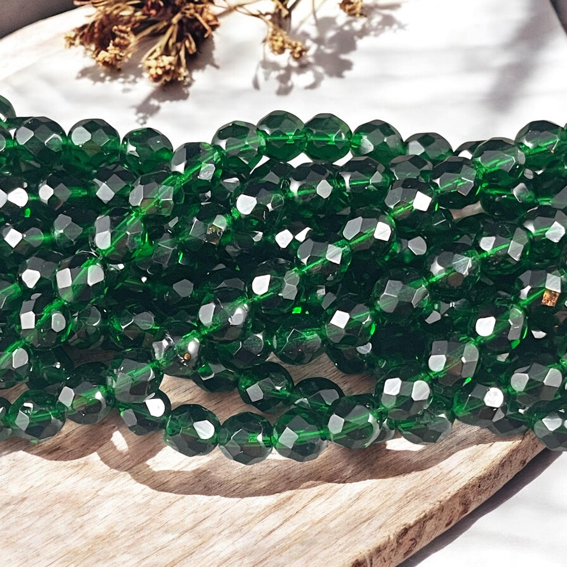 8mm Emerald Green Faceted Czech Glass Beads, Transparent Emerald Beads (FP8/SM-5014 ) * Qty. 25