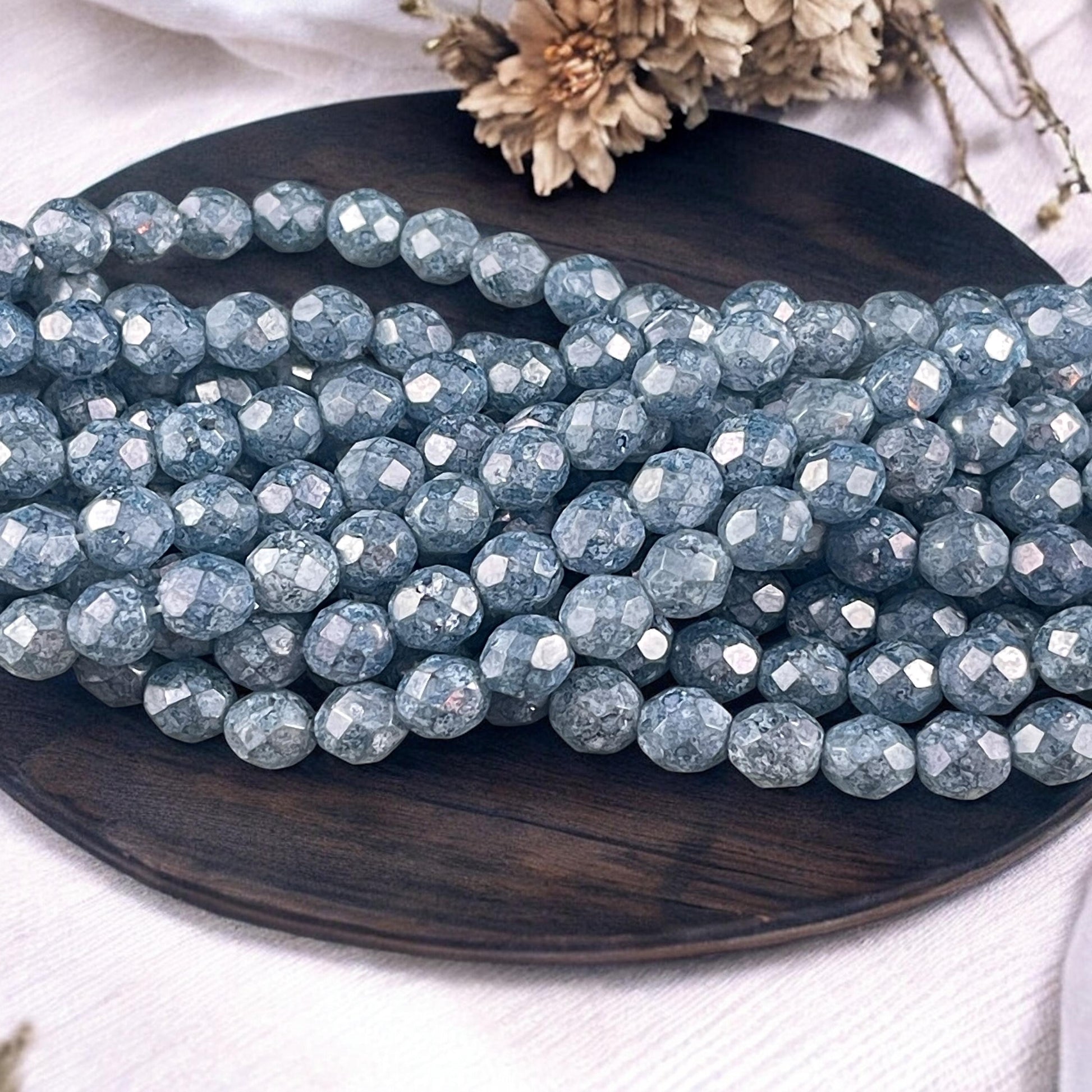 8mm Denim Blue Faceted Czech Glass Beads, Stone Blue Finish with Luster (FP8/SM-64464) * Qty. 25