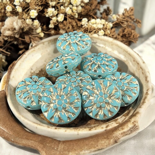 14mm Czech Glass Dahlia Flower Beads - Light Turquoise Flower with Gold Wash (FL14/RJ-5138) * Qty. 8