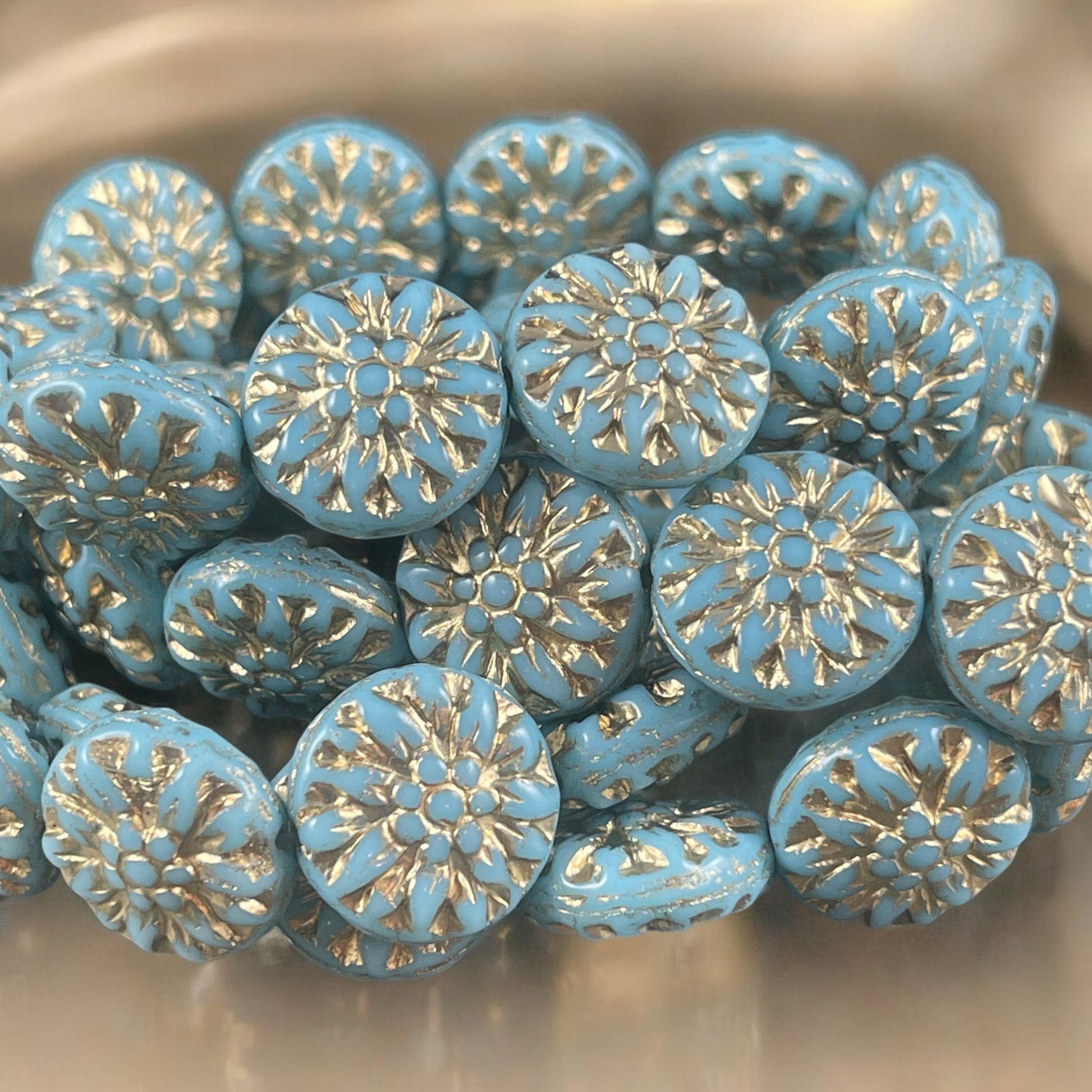 14mm Czech Glass Dahlia Flower Beads - Sky Blue Flower with Gold Wash (FL14/RJ-5159) * Qty. 8