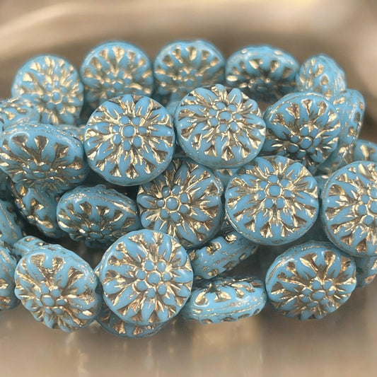 14mm Czech Glass Dahlia Flower Beads - Sky Blue Flower with Gold Wash (FL14/RJ-5159) * Qty. 8