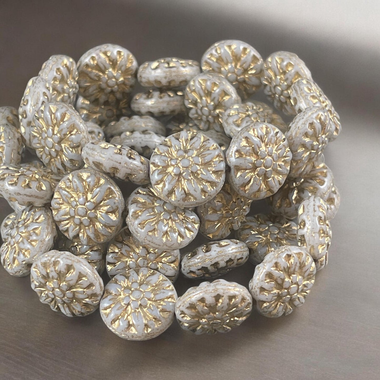 14mm Czech Glass Dahlia Flower Beads - Ivory White and Gold Flower (FL14/RJ-5140) * Qty. 8