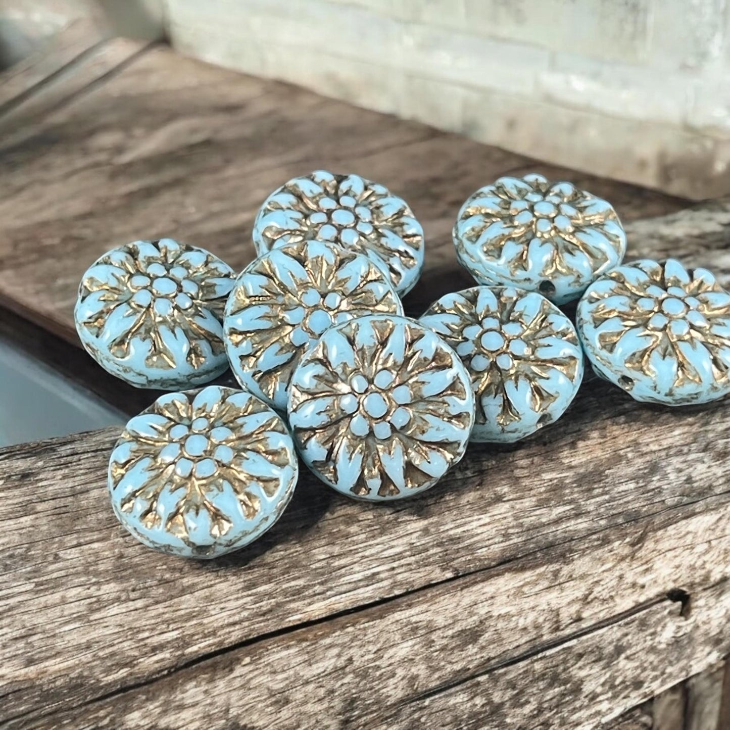 14mm Czech Glass Dahlia Flower Beads - Turquoise and Bronze Flower (FL14/RJ-5162) * Qty. 8