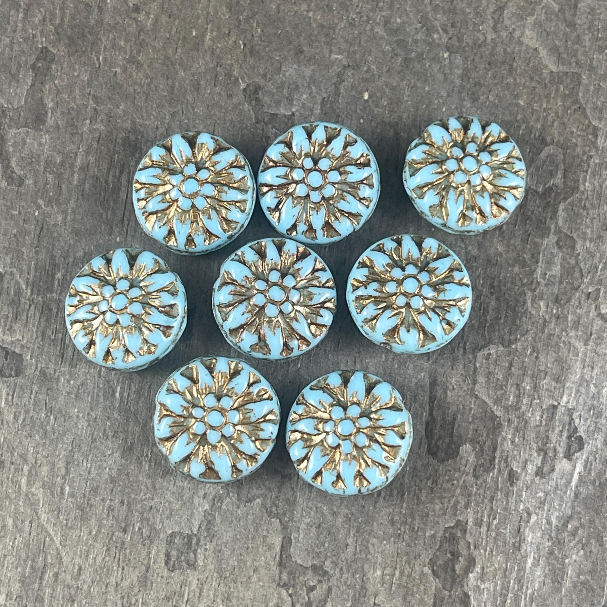 14mm Czech Glass Dahlia Flower Beads - Turquoise and Bronze Flower (FL14/RJ-5162) * Qty. 8