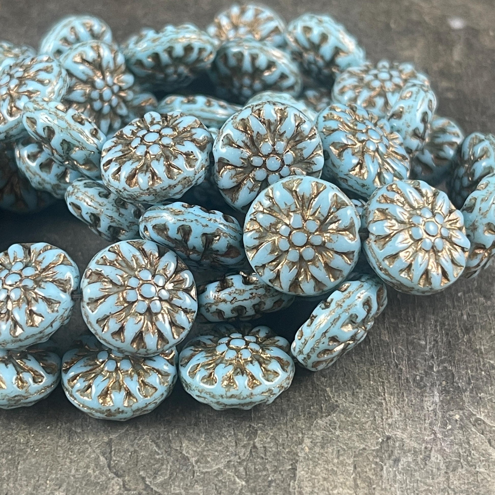 14mm Czech Glass Dahlia Flower Beads - Turquoise and Bronze Flower (FL14/RJ-5162) * Qty. 8