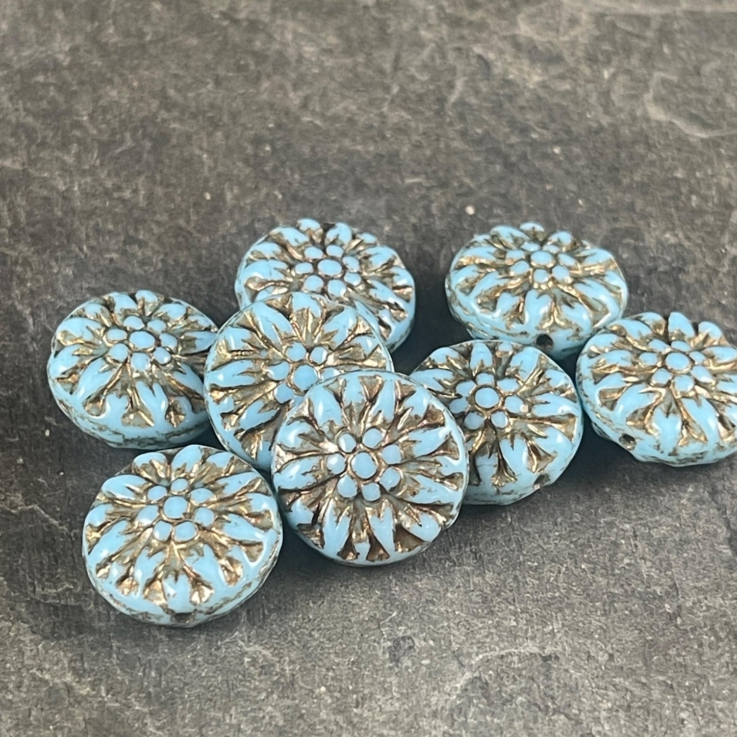 14mm Czech Glass Dahlia Flower Beads - Turquoise and Bronze Flower (FL14/RJ-5162) * Qty. 8