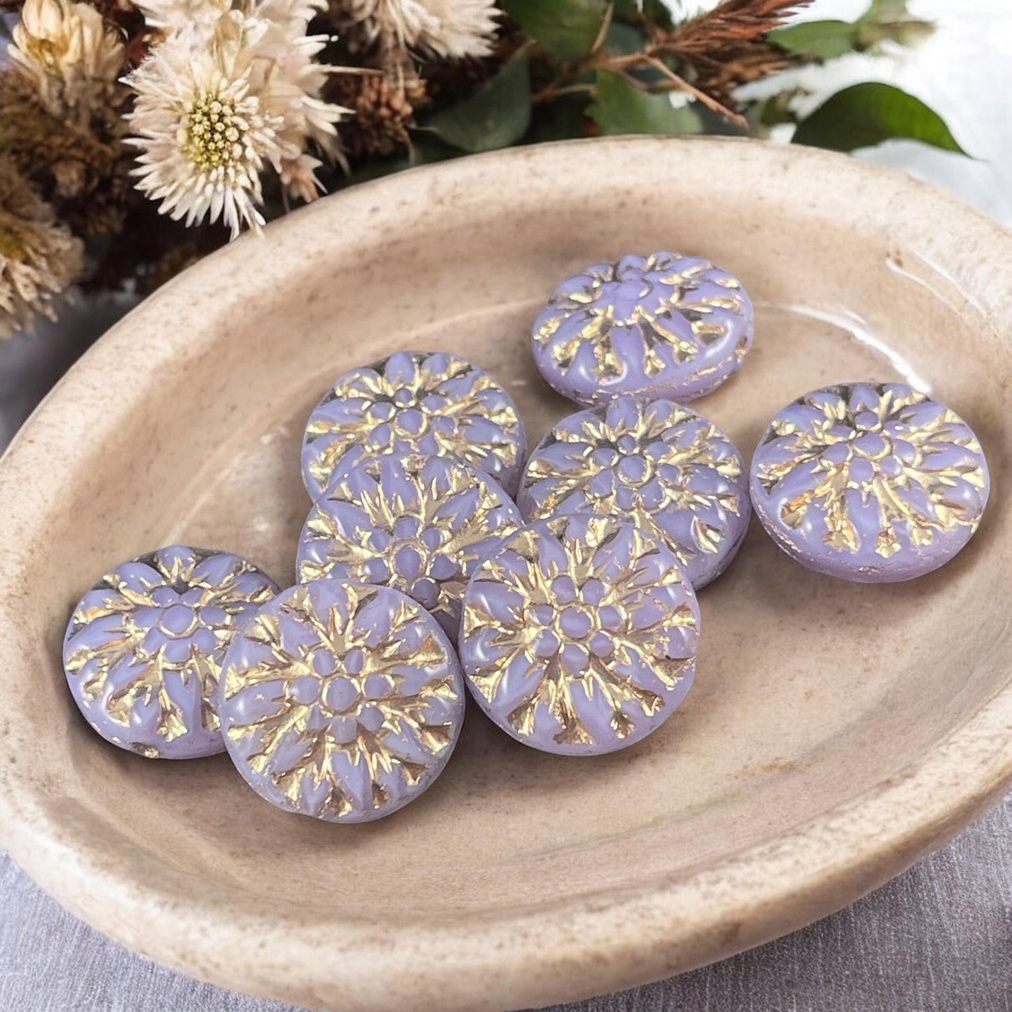 14mm Czech Glass Dahlia Flower Beads - Lilac Purple Opaline Flower with Gold Wash (FL14/RJ-5158) * Qty. 8