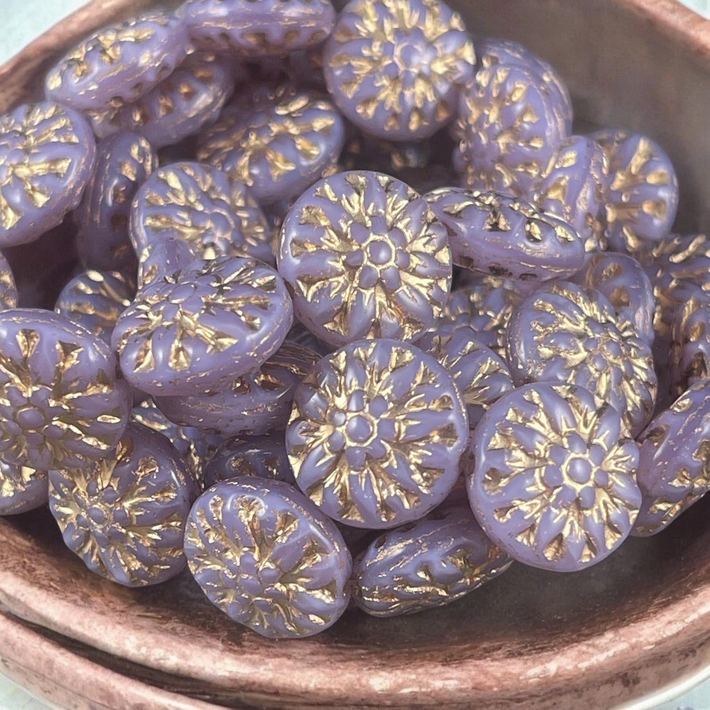 14mm Czech Glass Dahlia Flower Beads - Lilac Purple Opaline Flower with Gold Wash (FL14/RJ-5158) * Qty. 8