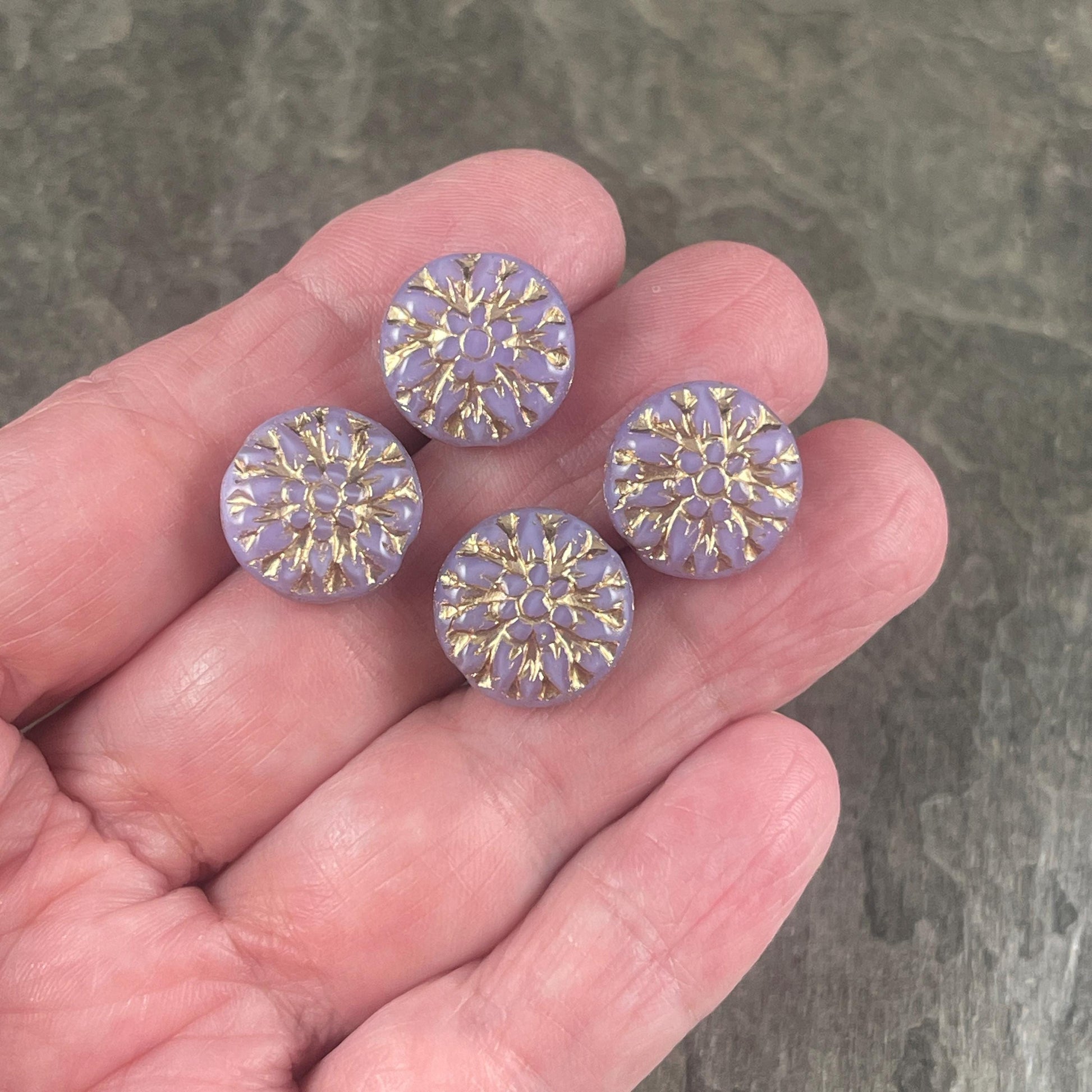 14mm Czech Glass Dahlia Flower Beads - Lilac Purple Opaline Flower with Gold Wash (FL14/RJ-5158) * Qty. 8