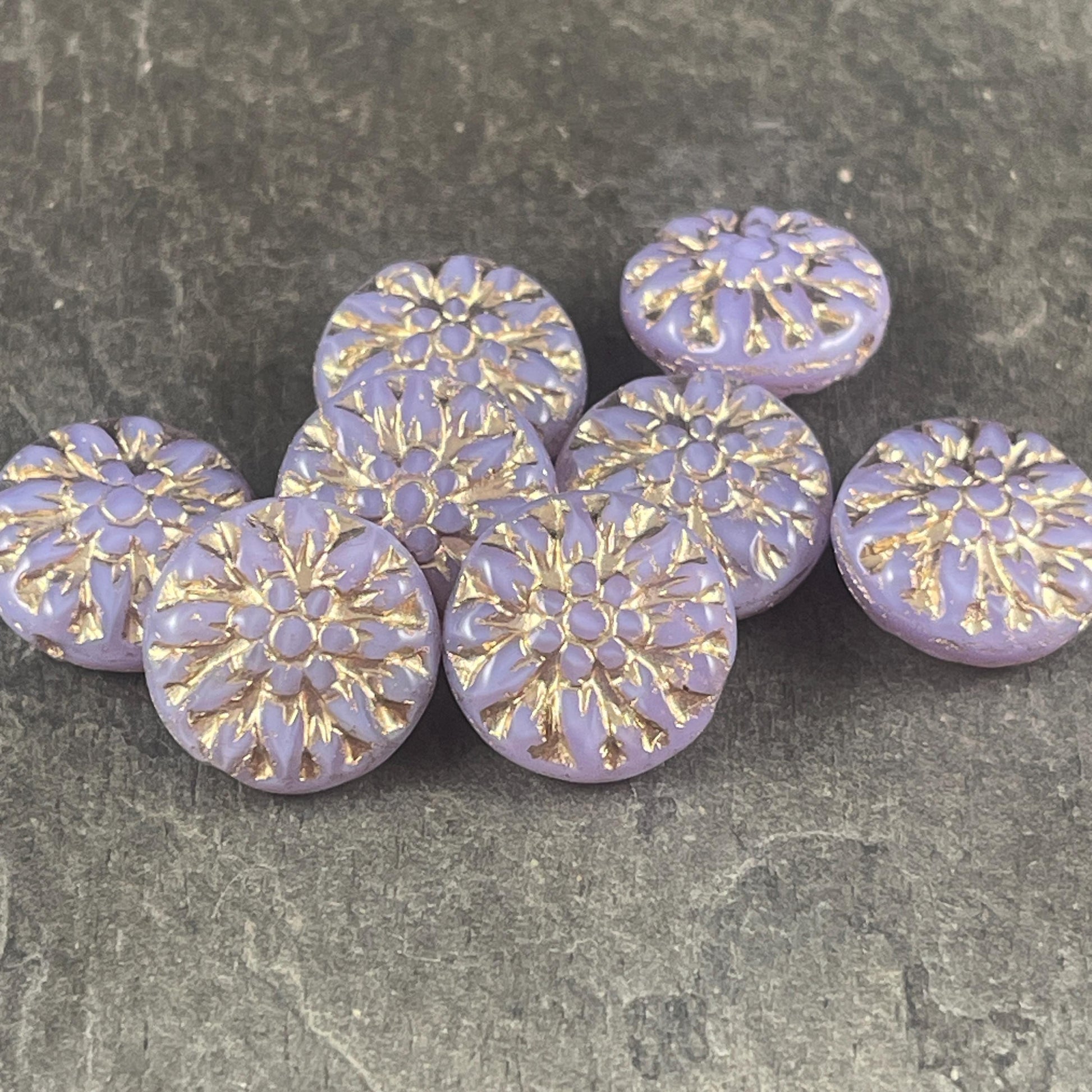 14mm Czech Glass Dahlia Flower Beads - Lilac Purple Opaline Flower with Gold Wash (FL14/RJ-5158) * Qty. 8