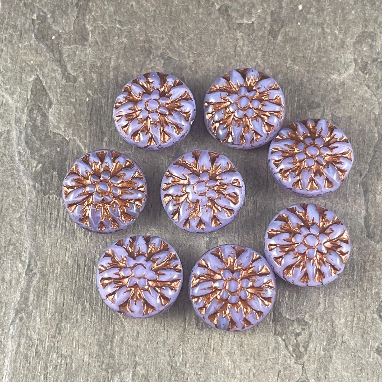 14mm Czech Glass Dahlia Flower Beads - Lavender Flower with Dark Bronze Wash (FL14/RJ-5163) * Qty. 8