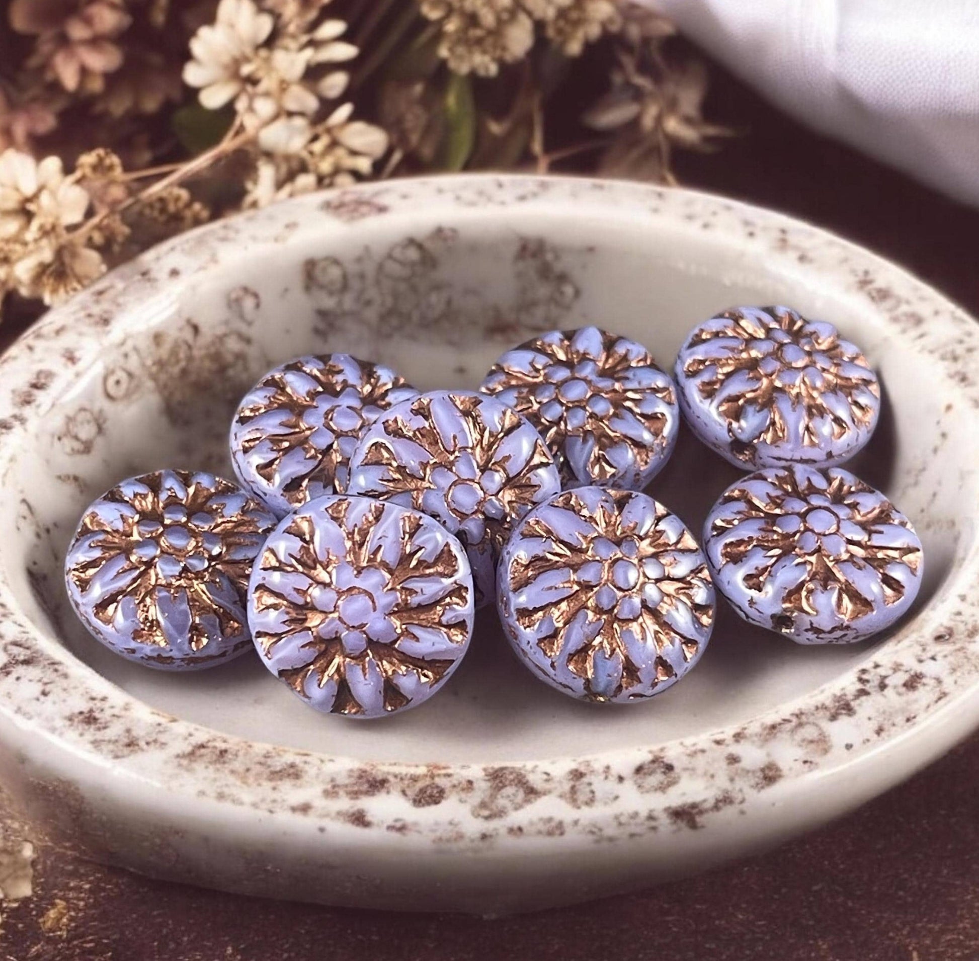 14mm Czech Glass Dahlia Flower Beads - Lavender Flower with Dark Bronze Wash (FL14/RJ-5163) * Qty. 8