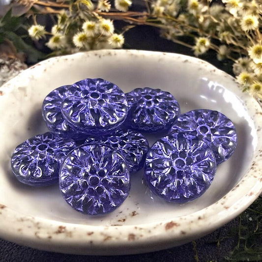 14mm Czech Glass Dahlia Flower Beads - Transparent Tanzanite Flower with Purple Wash (FL14/RJ-5169) * Qty. 8