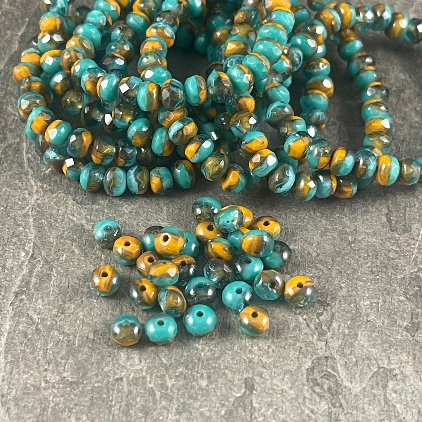 Turquoise Green, Aqua and Mustard Orange Czech Glass Beads, 5x3mm Faceted Rondelle (R5/RJ-2706) * Qty. 30