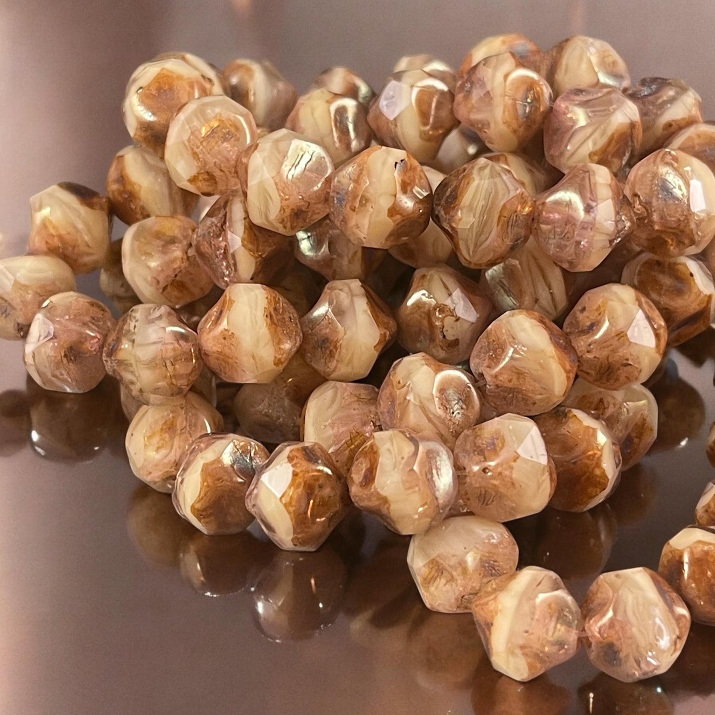 Czech Glass Beads - Beige Picasso, Transparent Topaz and Ivory Beige with Goldstone Luster, 9mm Baroque Central Cut (CC/RJ-2624) * Qty. 15