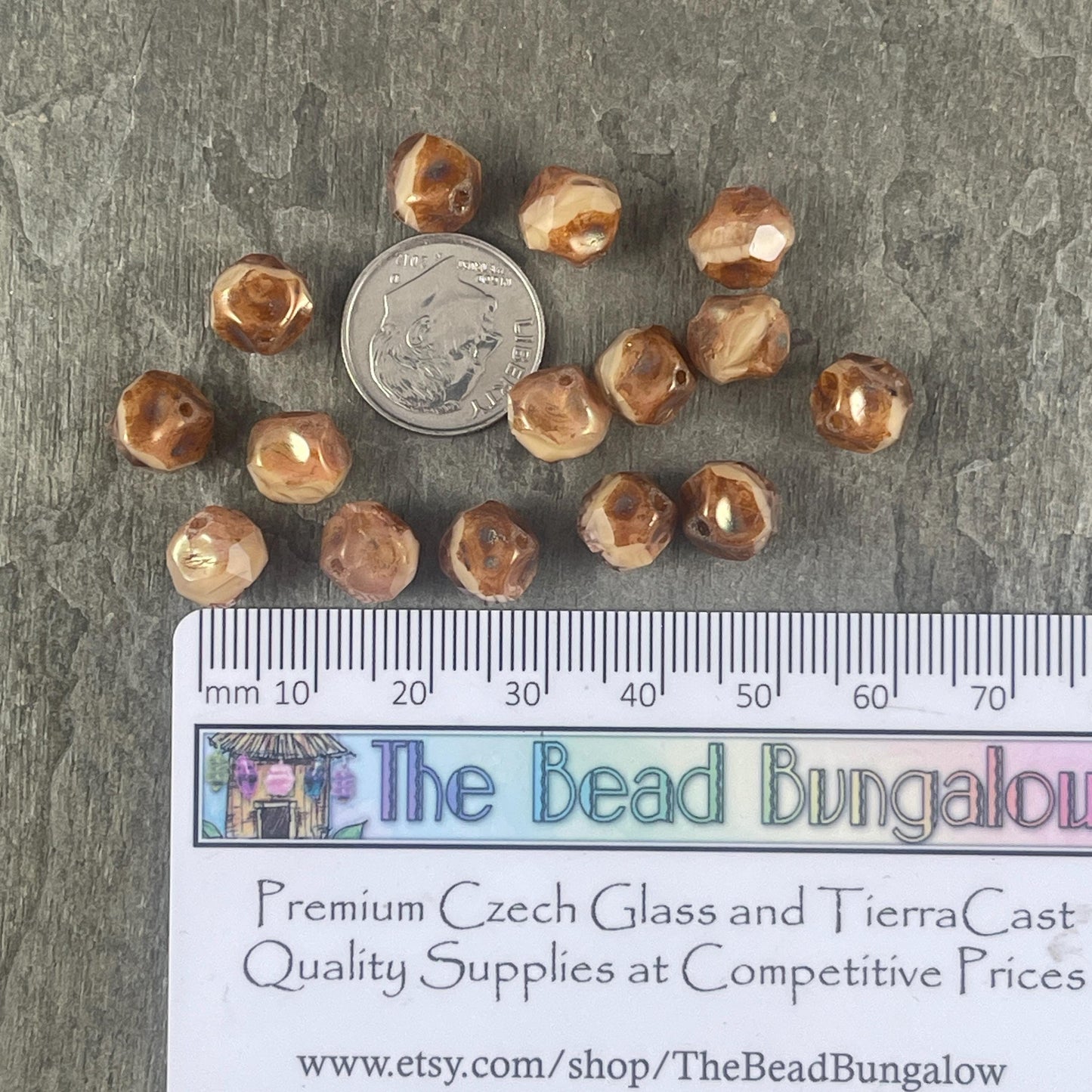 Czech Glass Beads - Beige Picasso, Transparent Topaz and Ivory Beige with Goldstone Luster, 9mm Baroque Central Cut (CC/RJ-2624) * Qty. 15
