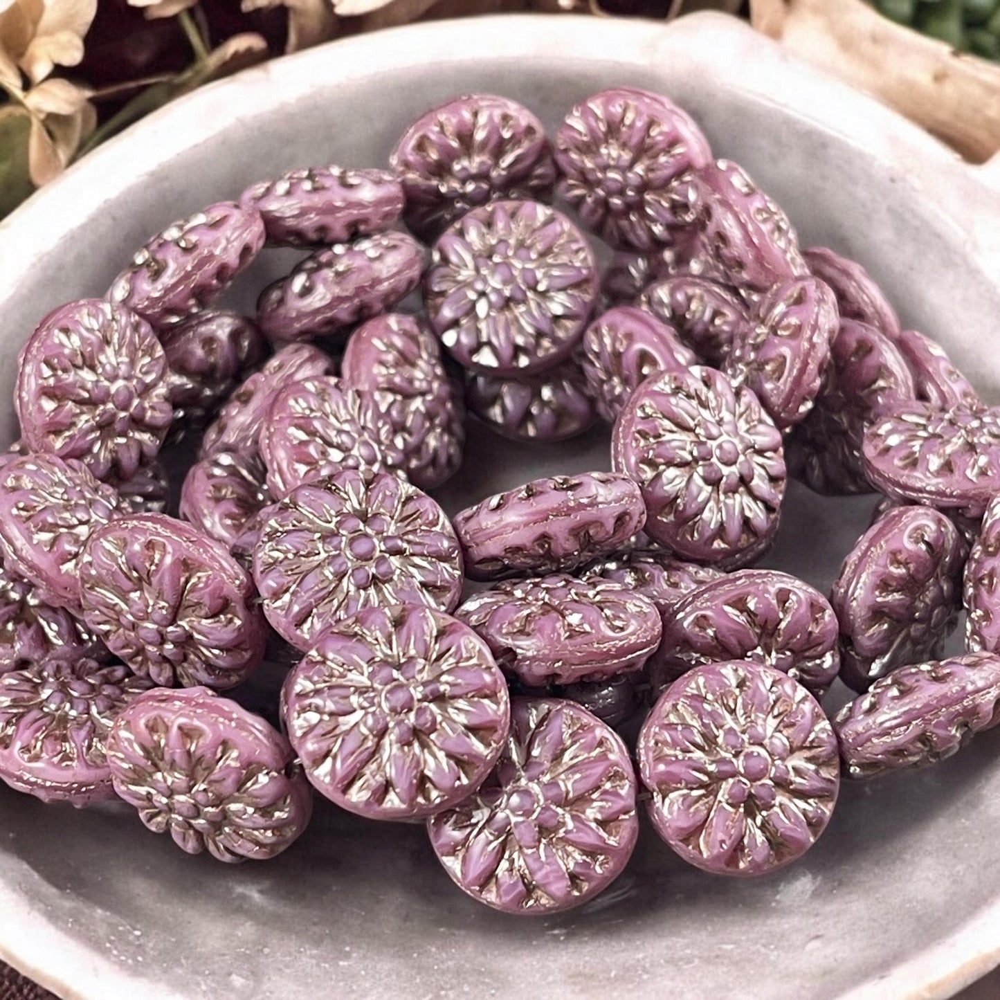 14mm Czech Glass Dahlia Flower Beads - Opaque Rose Pink Flower with Platinum Wash (FL14/RJ-5150) * Qty. 8