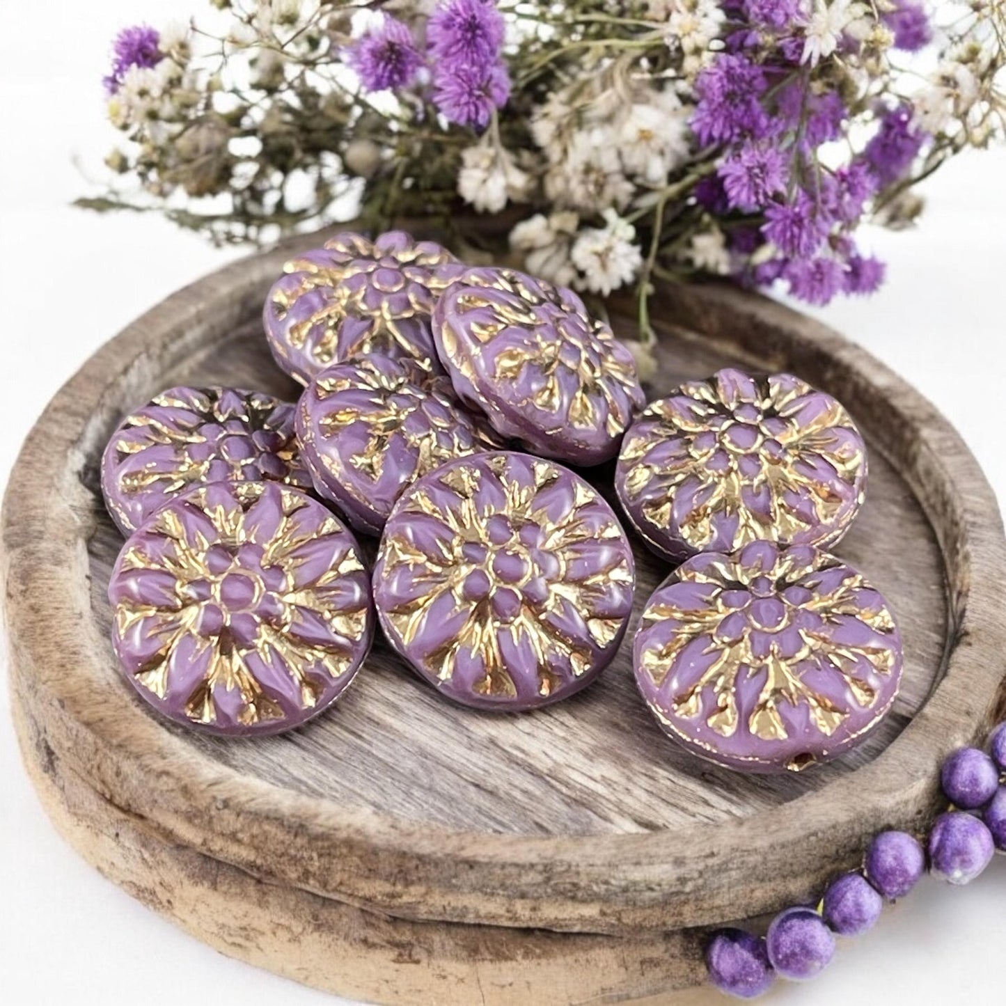 14mm Czech Glass Dahlia Flower Beads - Purple Silk Flower with Gold Wash (FL14/RJ-5161) * Qty. 8