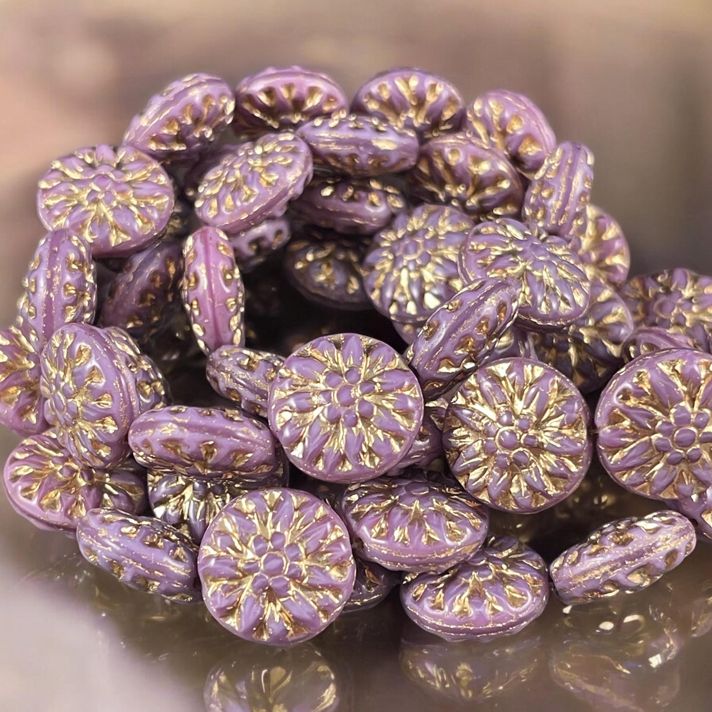 14mm Czech Glass Dahlia Flower Beads - Purple Silk Flower with Gold Wash (FL14/RJ-5161) * Qty. 8