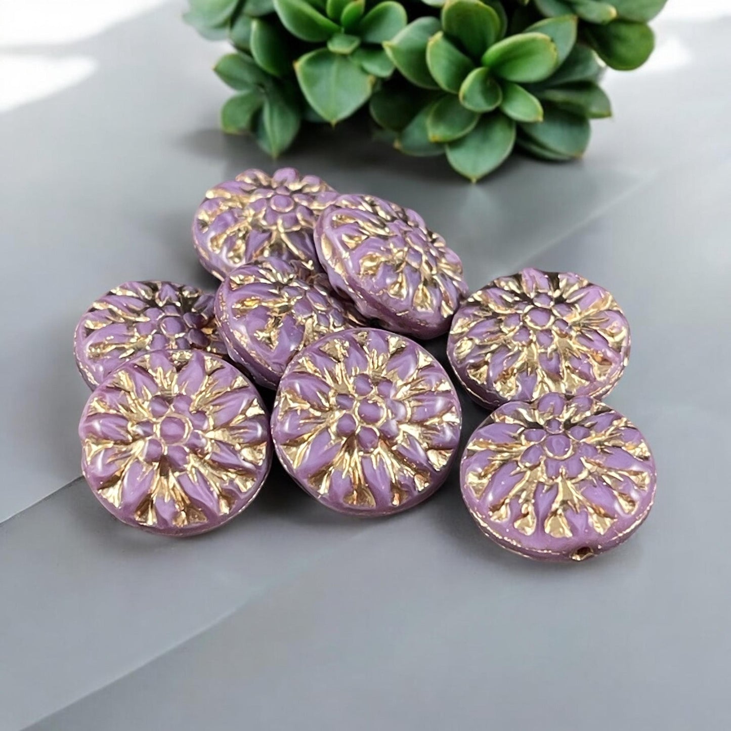 14mm Czech Glass Dahlia Flower Beads - Purple Silk Flower with Gold Wash (FL14/RJ-5161) * Qty. 8