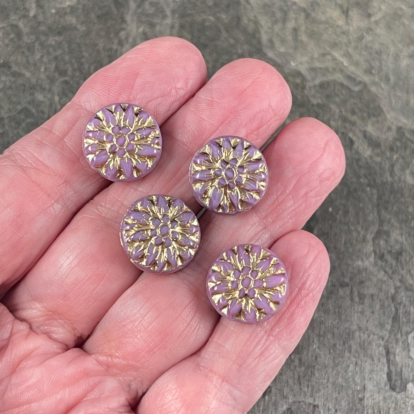 14mm Czech Glass Dahlia Flower Beads - Purple Silk Flower with Gold Wash (FL14/RJ-5161) * Qty. 8