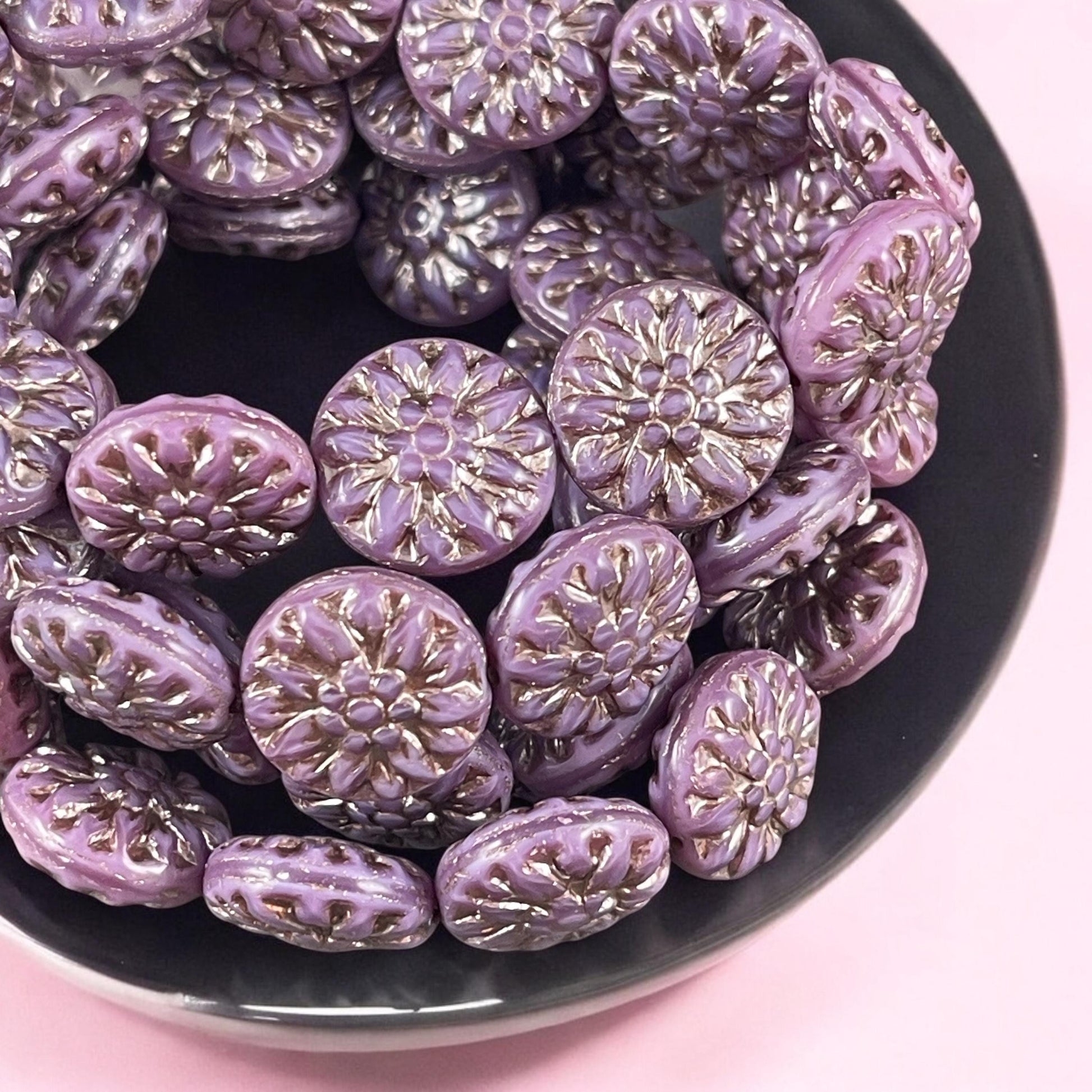 14mm Czech Glass Dahlia Flower Beads - Purple Silk Flower with Platinum Wash (FL14/RJ-5165) * Qty. 8