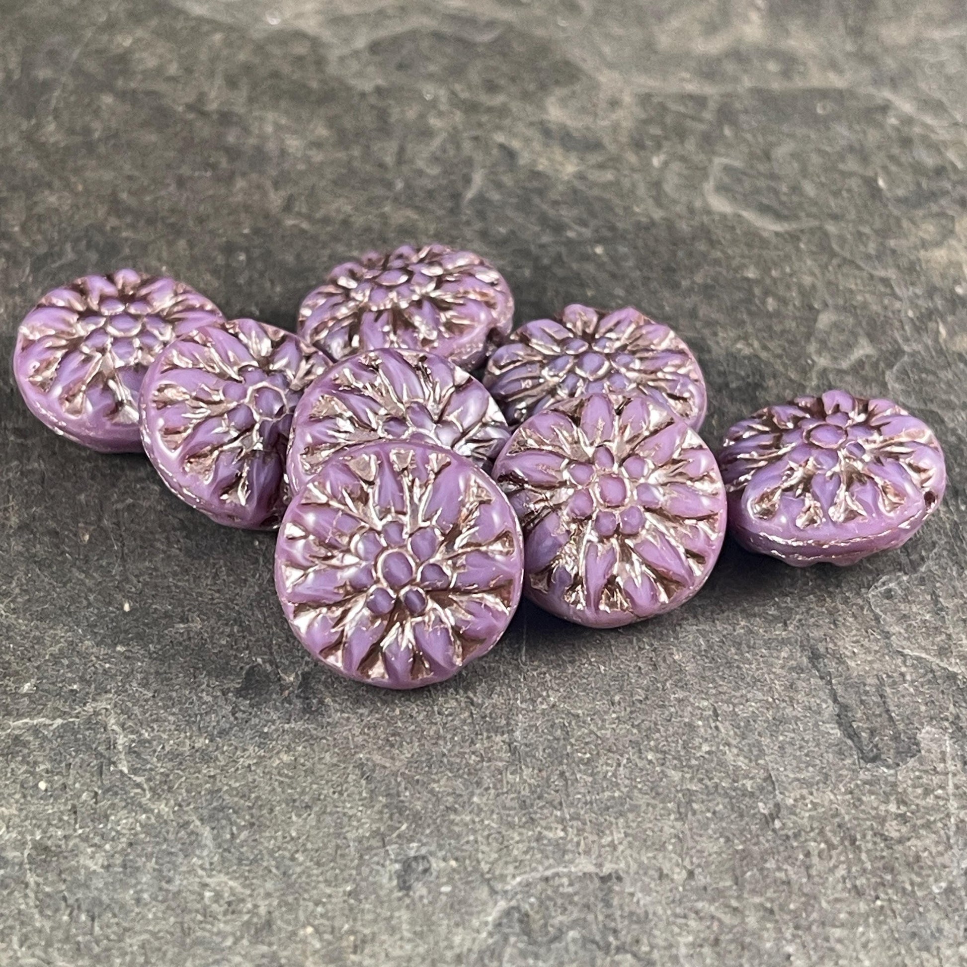 14mm Czech Glass Dahlia Flower Beads - Purple Silk Flower with Platinum Wash (FL14/RJ-5165) * Qty. 8