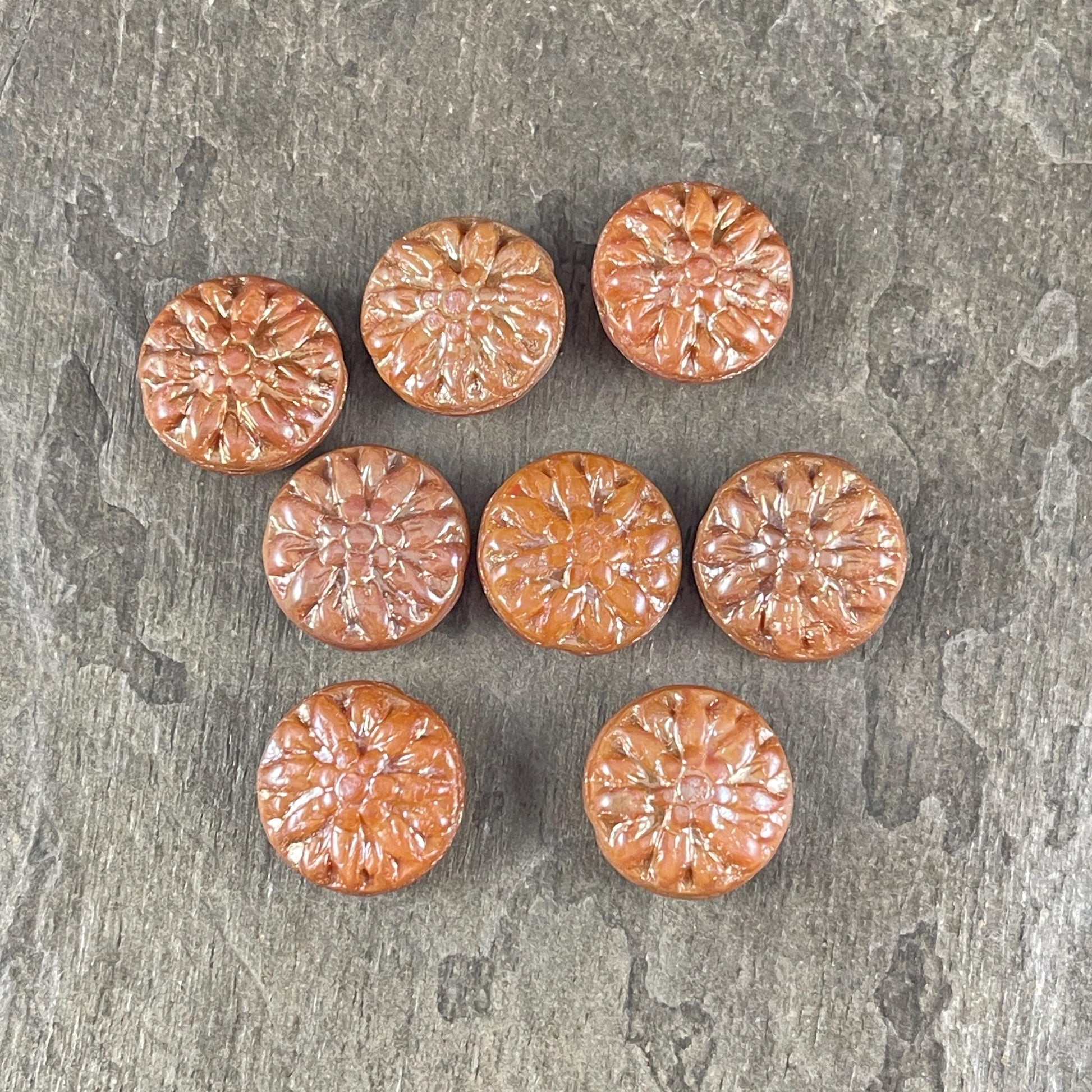 14mm Czech Glass Dahlia Flower Beads - Brownish Pink Flower with Picasso and AB Finishes (FL14/RJ-5146) * Qty. 6