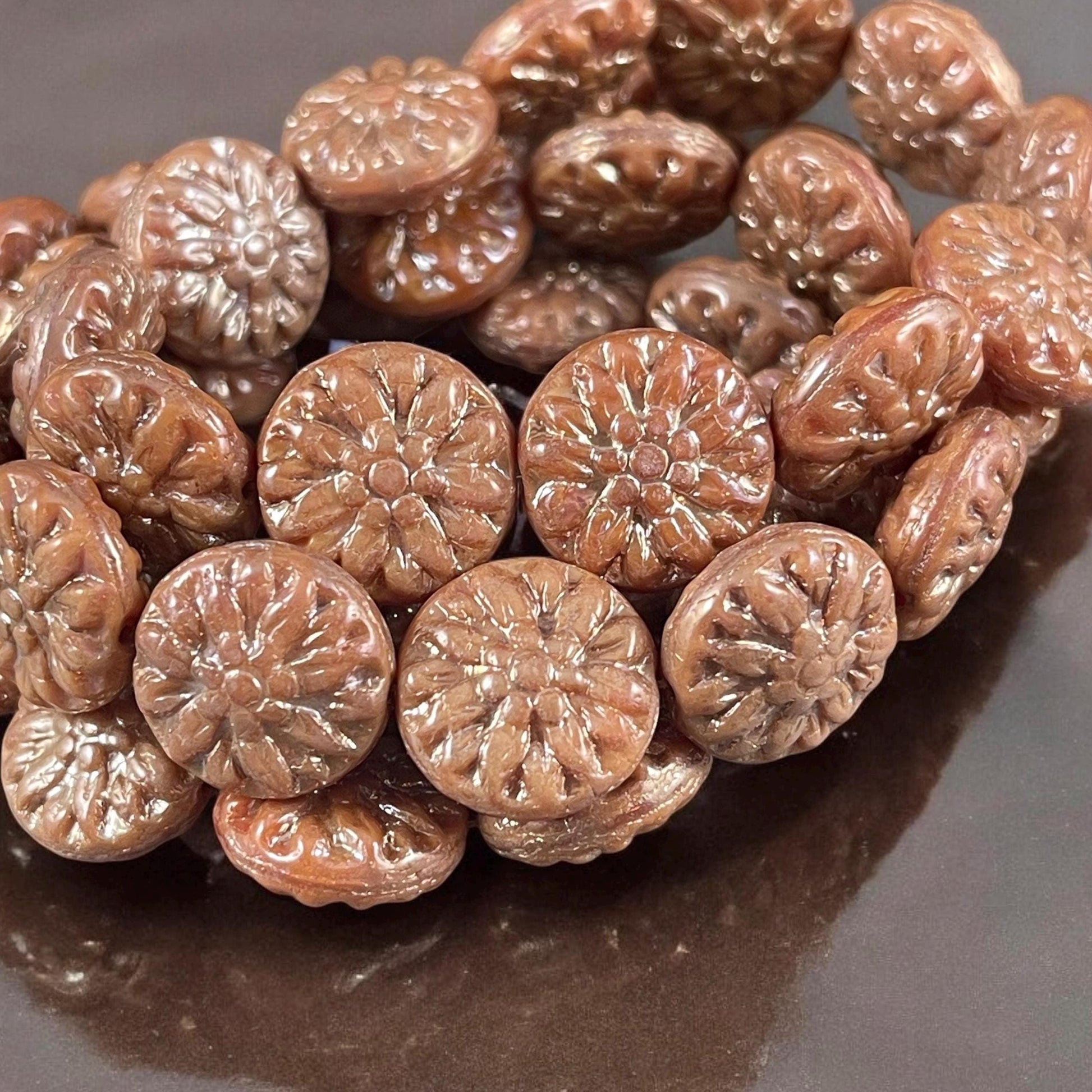 14mm Czech Glass Dahlia Flower Beads - Brownish Pink Flower with Picasso and AB Finishes (FL14/RJ-5146) * Qty. 6