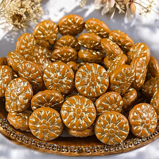 14mm Czech Glass Dahlia Flower Beads - Ochre Orange Flower with Gold Wash (FL14/RJ-5141) * Qty. 8