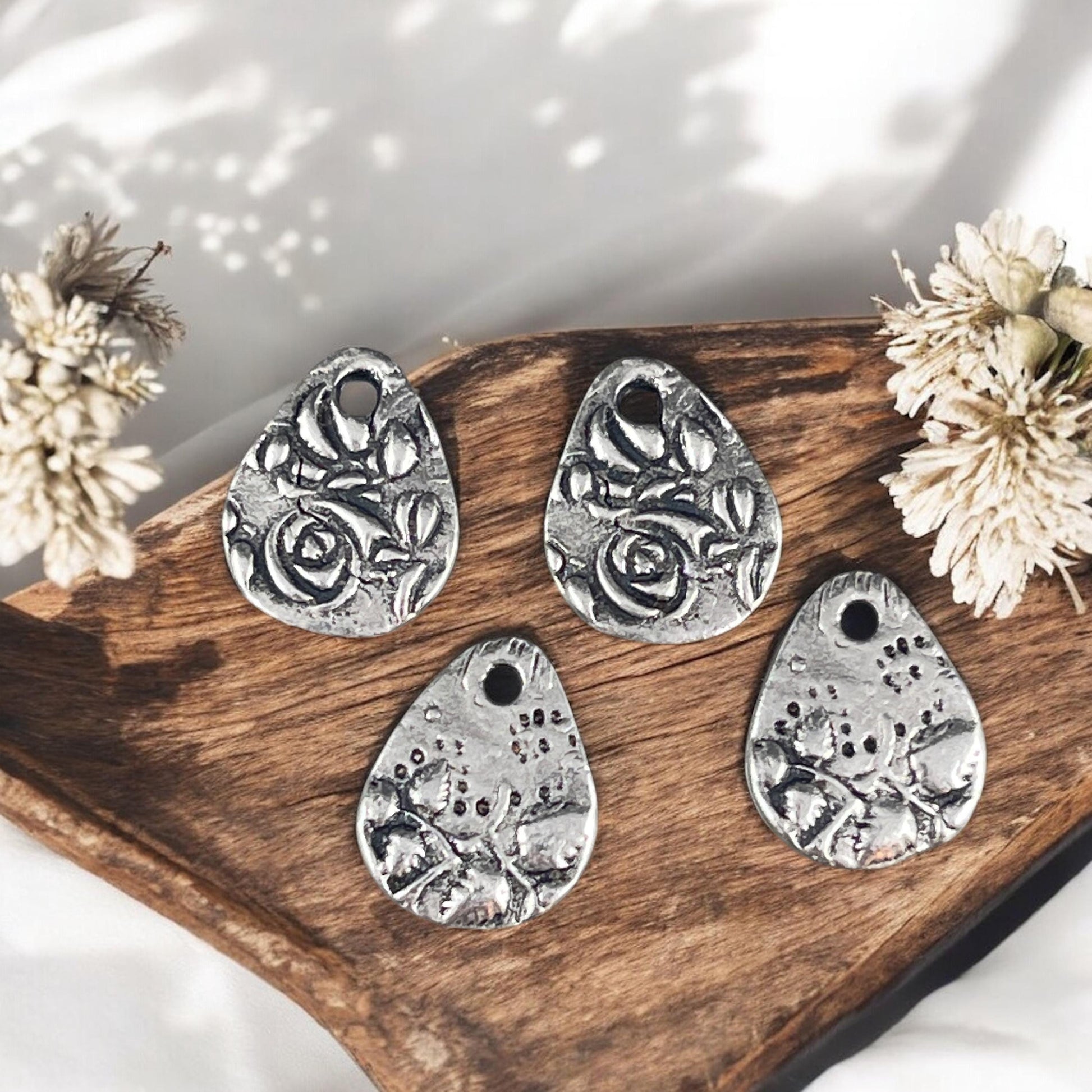 TierraCast Dulce Vida Collection, Antiqued Pewter Floral Theme Double Sided Teardrop Charms (PF/581-04) * Qty. 4