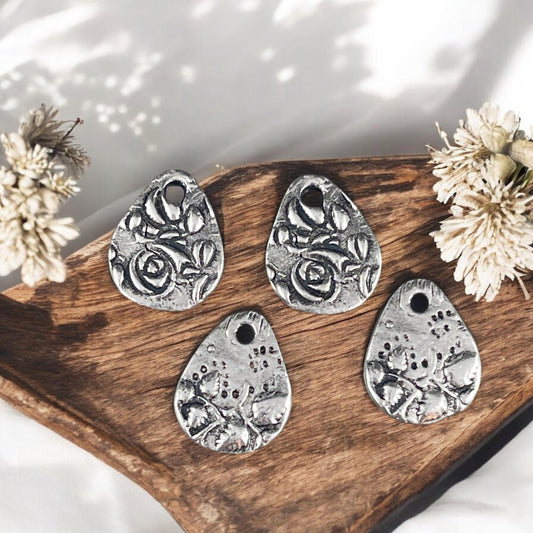 TierraCast Dulce Vida Collection, Antiqued Pewter Floral Theme Double Sided Teardrop Charms (PF/581-04) * Qty. 4