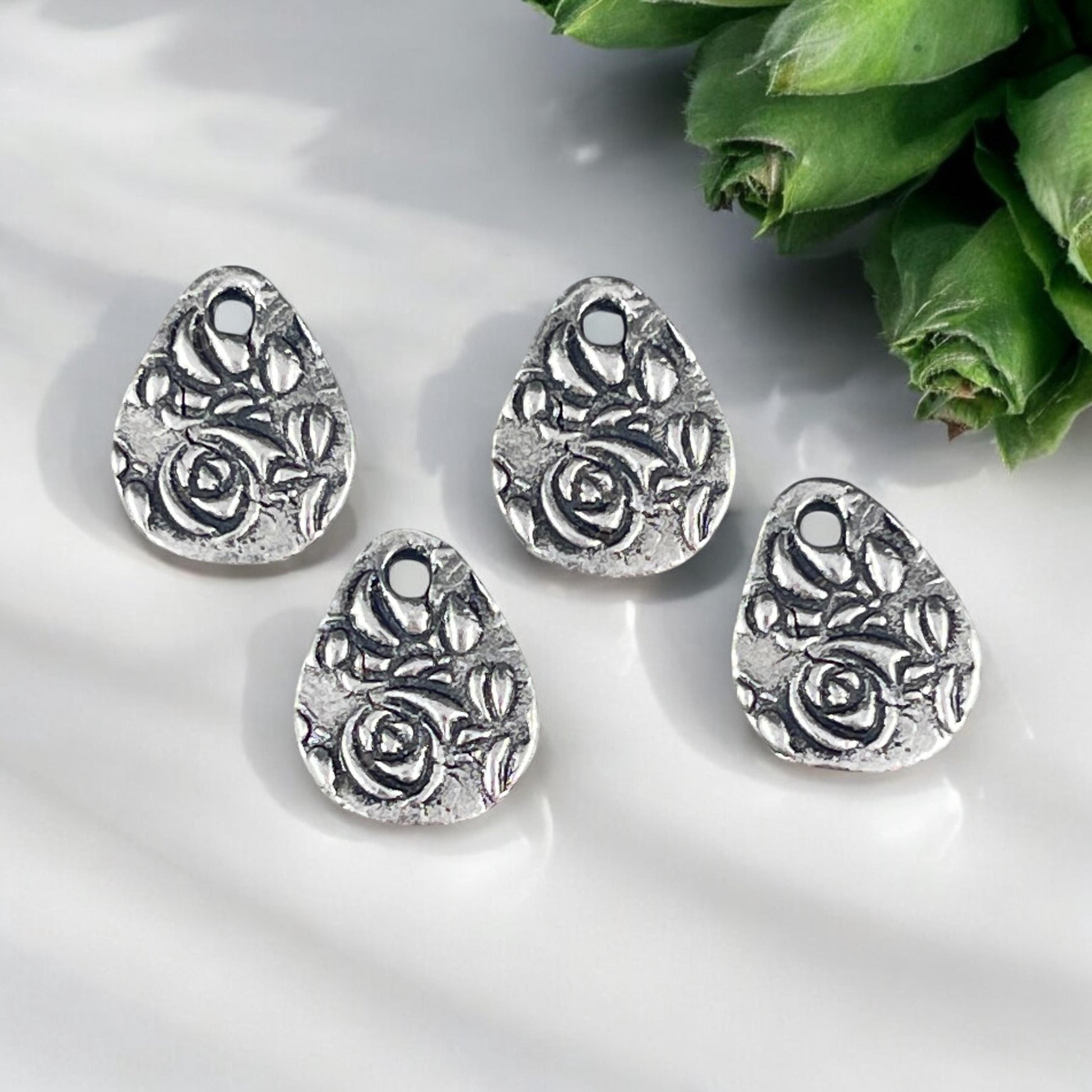 TierraCast Dulce Vida Collection, Antiqued Pewter Floral Theme Double Sided Teardrop Charms (PF/581-04) * Qty. 4