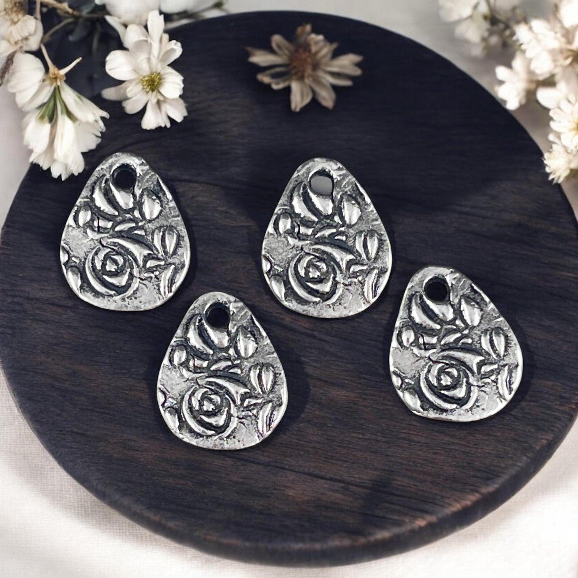 TierraCast Dulce Vida Collection, Antiqued Pewter Floral Theme Double Sided Teardrop Charms (PF/581-04) * Qty. 4