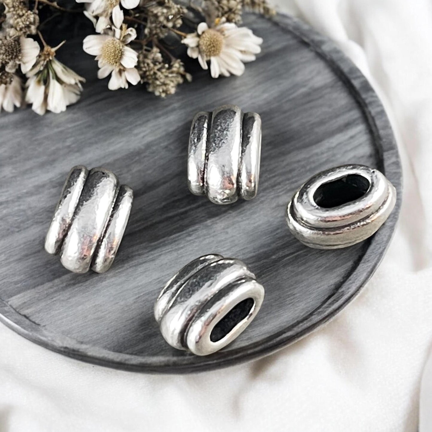 NEW TierraCast Large Hole Beads, Antiqued Silver 4x2mm Deco Barrel Bead, Crimpable for Leather or Cord (PF/883-87) * Qty. 6