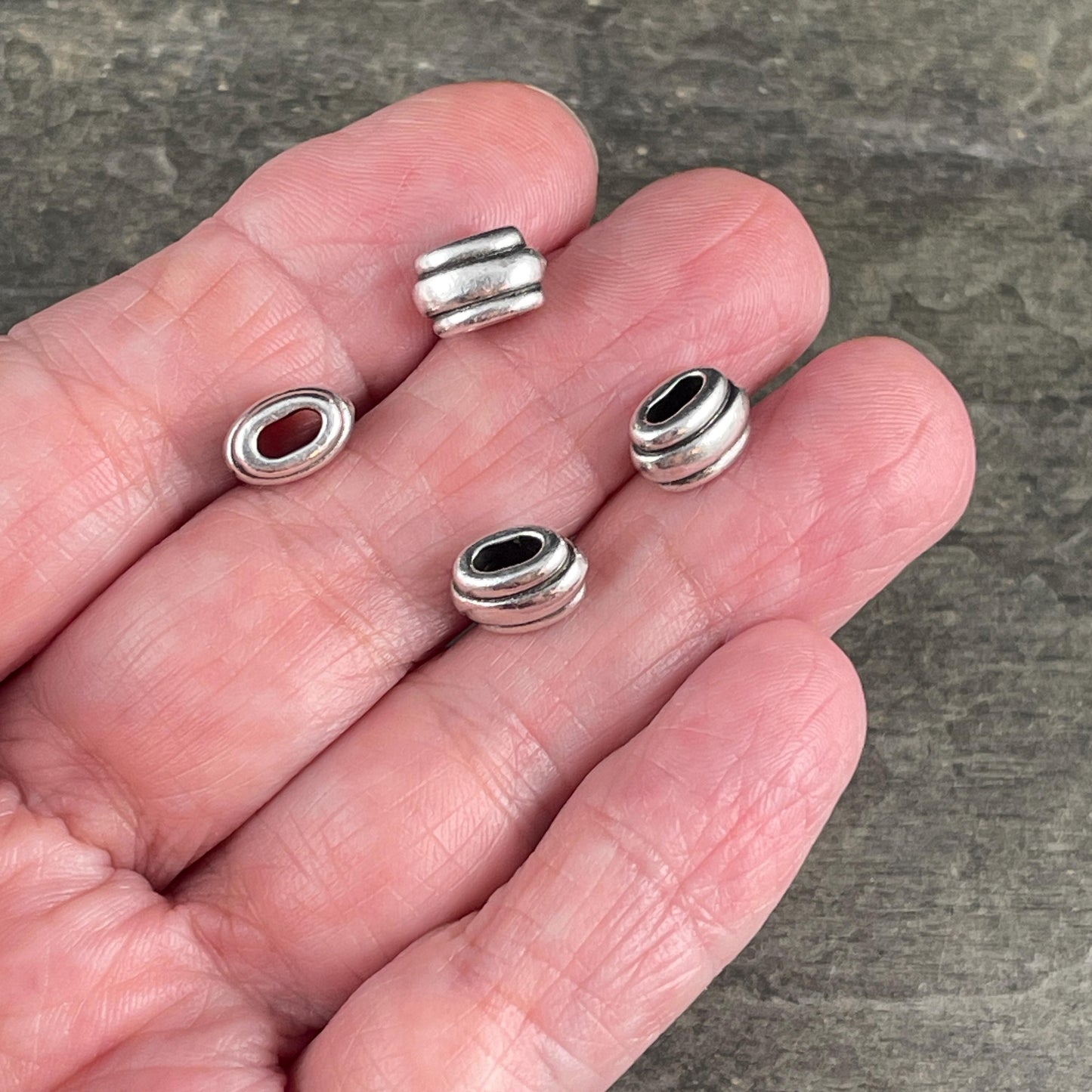 NEW TierraCast Large Hole Beads, Antiqued Silver 4x2mm Deco Barrel Bead, Crimpable for Leather or Cord (PF/883-87) * Qty. 6